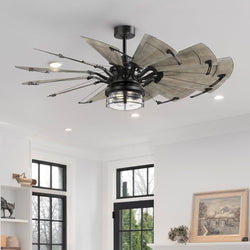 The UHP9478 Tuscan Indoor Ceiling Fan from Urban Ambiance's Saybrook Collection boasts a windmill-inspired design with a matte black finish. Its wooden blades and central light fixture enhance bright rooms with large windows and framed artwork. Dimensions: 26-1/4"H x 60"W x 60"D.