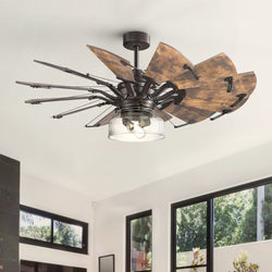 Explore Urban Ambiance's UHP9480 Tuscan Ceiling Fan from the Saybrook Collection, featuring wooden adjustable blades and a central light fixture in an architectural bronze finish. Perfect for modern living rooms with large windows, it combines elegance and functionality effortlessly.