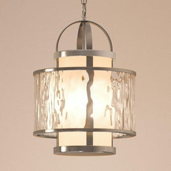 An UHP2091 Art Deco Deco Pendant Light, 18.25"H x 11.75"W, Brushed Nickel Finish, Chesapeake Collection luxury hanging light fixture with frosted