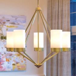 A beautiful UHP2301 Contemporary Chandelier, 23"H x 27.375"W, Brushed Bronze Finish, Madison Collection in a dining room by Urban Ambiance.