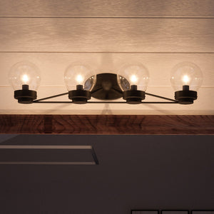 An Urban Ambiance UHP2708 Contemporary Bathroom Vanity Light, 6.5"H x 31.125"W, Midnight Black Finish, Aberdeen Collection lighting fixture with four beautiful lights on it.