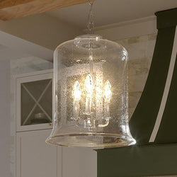A kitchen with a unique lighting fixture, the Urban Ambiance UHP3820 French Country Pendant Light, 17.125"H x 12.875"W, Brushed Nickel Finish, Missou