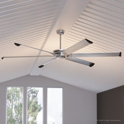 An UHP9132 Industrial Indoor or Outdoor Ceiling Fan with four blades in a room modified by the keyword "lighting fixture".