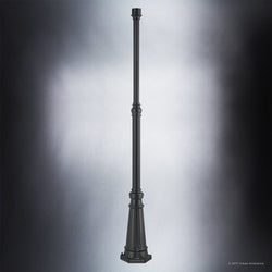 A beautiful lighting fixture, the Urban Ambiance UQL1192 Colonial Outdoor Post, 81"H x 10"W, Black Silk Finish from the Outdoor Post Mount Collection, showcased against a