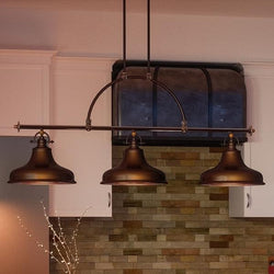 A beautiful kitchen with the Urban Ambiance UQL2285 Industrial Chandelier, 23.5"H x 52.5"W, Parisian Bronze Finish, Sonoma Collection over the island.