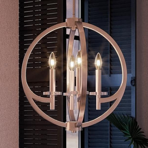 An unique UQL2550 Globe Chandelier, 19.5"H x 18"W, Brushed Nickel Finish from the Denver Collection by Urban Ambiance hanging over a window.