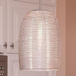 A unique and beautiful UQL2644 Contemporary Pendant Light, 16.5"H x 9"W, Polished Chrome Finish, San Sebastian Collection by Urban Ambiance hanging over a kitchen counter.