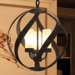 A unique UQL2780 Rustic Chandelier with a glass shade and a Weathered Black Finish, part of the luxury Walsall Collection by Urban Ambiance.