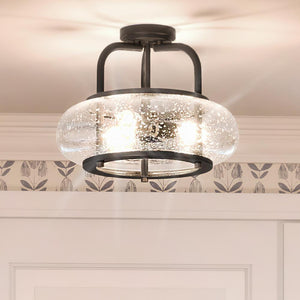 A unique UQL3311 utilitarian ceiling light in a kitchen with a luxury glass shade from Urban Ambiance.