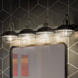 A bathroom with a unique mirror and the UQL3460 Utilitarian Bath Vanity Light, 8.75"H x 34"W, Rustic Polished Nickel Finish from Urban Ambiance.