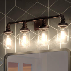 Three unique UQL2666 Utilitarian Bath Vanity Lights, 11"H x 30.5"W, Antique Black Finish, Dallas Collection by Urban Ambiance in a beautiful bathroom.