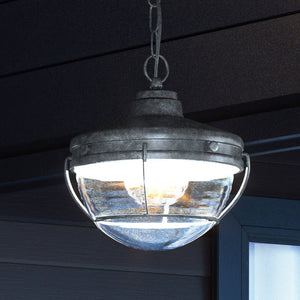A unique Urban Ambiance outdoor hanging light with a glass shade: UEX1058 Nautical Outdoor Pendant 11''H x 9''W, Aged Zinc Finish, Tellur