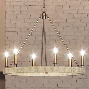 A unique UEX2080 Bohemian chandelier with a gorgeous satin brass finish, showcasing the Rutherford Collection by Urban Ambiance and four lights hanging from it.