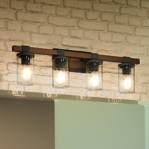Four beautiful UEX2617 Industrial Bath Light fixtures from Urban Ambiance with a brick wall.