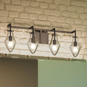Four beautiful Scandinavian lighting fixtures adorned with an aged zinc finish from the Auburn Collection by Urban Ambiance, perfect for illuminating a brick wall.