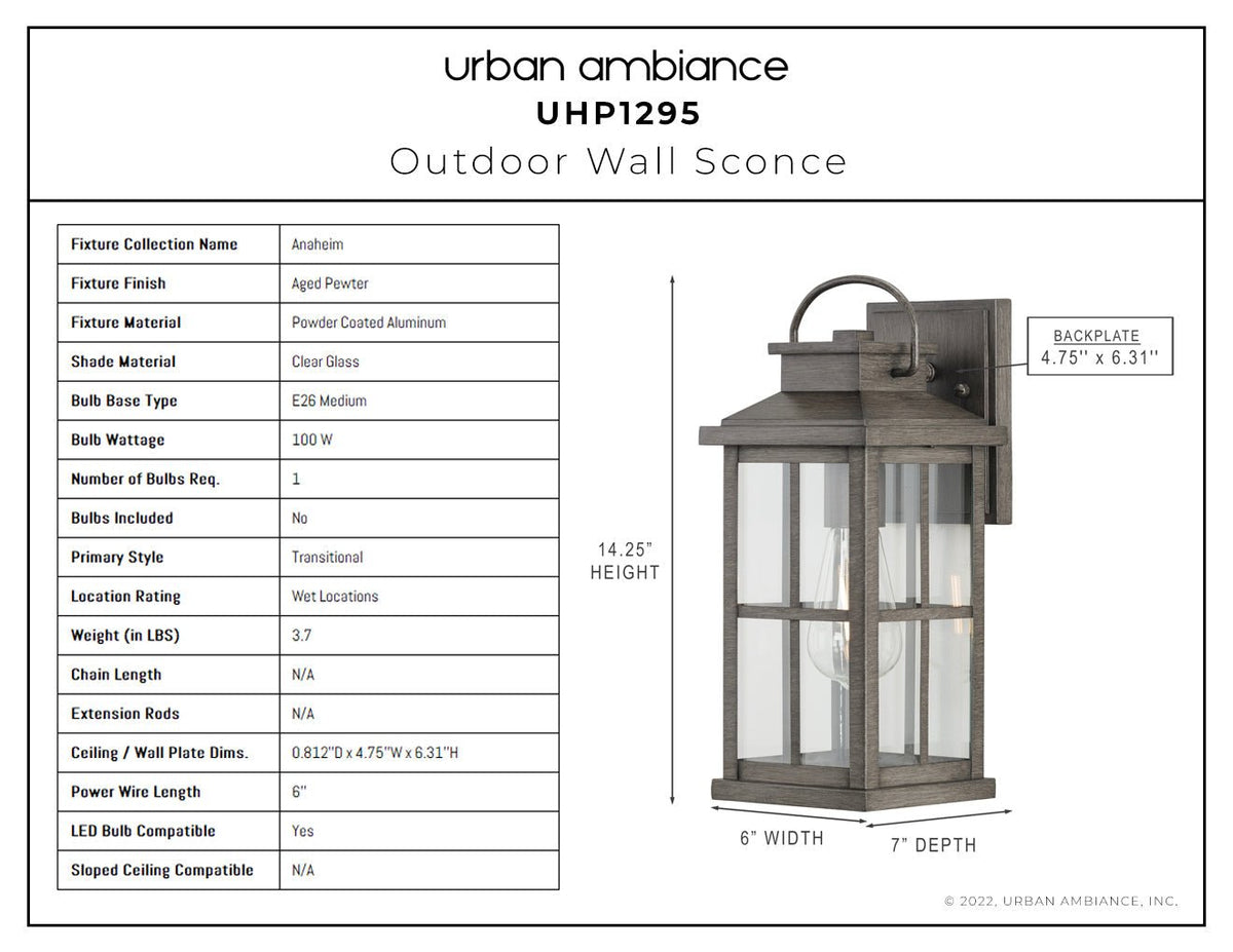 UHP1295 Transitional Outdoor Wall Sconce 14.25''H x 6''W