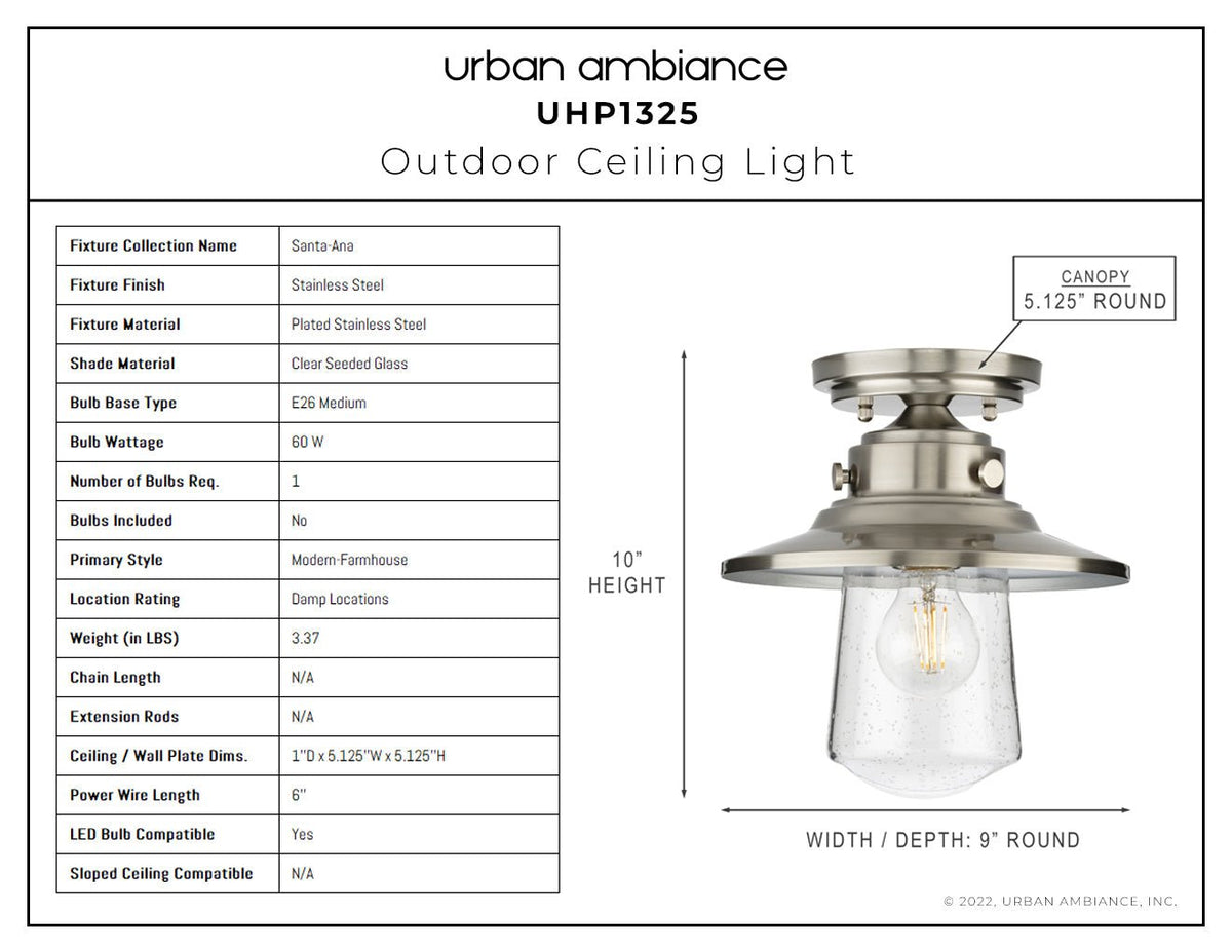 UHP1325 Coastal Outdoor Ceiling Light 10''H x 9''W, Stainless Steel Fi