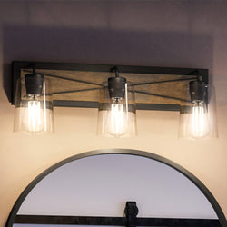An Urban Ambiance UHP3901 Farmhouse Bath Light 8.25''H x 24.75''W, Olde Bronze Finish, Berkeley Collection with three luxury lights and a mirror
