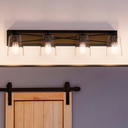 A gorgeous bathroom with a UHP3902 Farmhouse Bath Light 8.25''H x 34.75''W and a beautiful light fixture by Urban Ambiance.