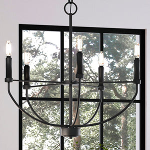 A unique UHP3976 Modern Farmhouse Chandelier 20''H x 22.375''W, Midnight Black Finish from the Armidale Collection by Urban Ambiance hanging in front of