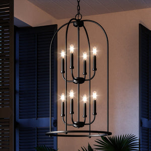 A beautiful Urban Ambiance UHP3979 Modern Farmhouse Chandelier 33''H x 18''W, Midnight Black Finish, Armidale Collection hanging in a room with shut