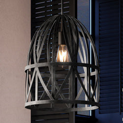 Beautiful, Urban Ambiance UHP4122 Farmhouse Pendant 17.25''H x 14''W, Black Oak Finish lighting fixture hanging over a window.