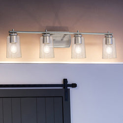 An Urban Ambiance bathroom lighting fixture with a beautiful glass shade, the UHP4143 Traditional Bath Light 7.625''H x 32''W, Brushed Nickel Finish, Esperance