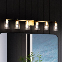 A unique and luxury Urban Ambiance bathroom with a UHP4149 Traditional Bath Light 7.625''H x 48.5''W, Satin Gold Finish, Esperance
