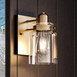 A unique UHP4190 Vintage Wall Sconce with a glass jar on it, from the Bridgeport Collection by Urban Ambiance.