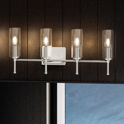 A luxurious bathroom featuring the unique UHP4223 Contemporary Bath Light 11.5''H x 31.625''W, Brushed Nickel Finish, Parkes Collection by Urban Ambiance.