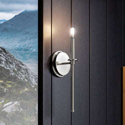 A beautiful luxury lamp in brushed nickel finish from the Parkes Collection by Urban Ambiance with a view of the mountains.