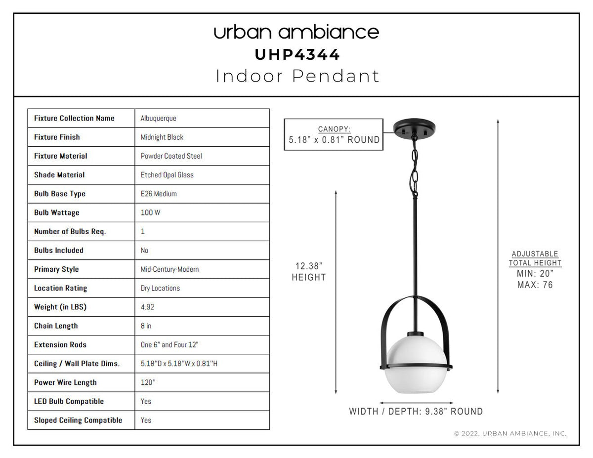 UHP4344 Mid-Century Modern Pendant 12.375''H x 9.375''W, Midnight