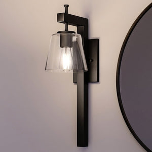 An UHP4391 Traditional Wall Sconce 24.5''H x 7.5''W, Midnight Black Finish, Atlanta Collection with a beautiful glass shade from Urban Ambiance.