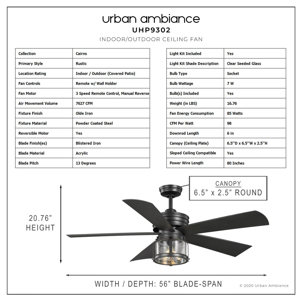UHP9302 Coastal Ceiling Fan 20.755''H x 56''W, Olde Iron Finish, Cairn