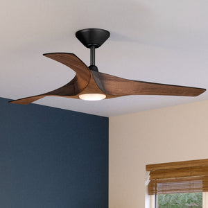 A unique Urban Ambiance UHP9362 Transitional Ceiling Fan 13.5''H x 52''W, Koa Woodgrain Finish, Geraldton Collection in a room with