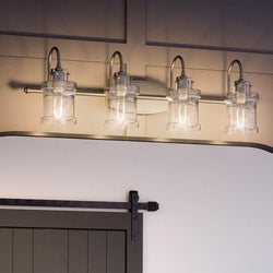 A beautiful bathroom with an Urban Ambiance UQL3984 Modern Farmhouse Bath Fixture 9.75''H x 32''W, Brushed Nickel Finish, Wrexham Collection lighting fixture