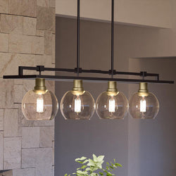 A modern kitchen with the unique UQL4030 Utilitarian Chandelier 10''H x 40''W, Black Bronze Finish, Preston Collection pendant light by Urban Ambiance.