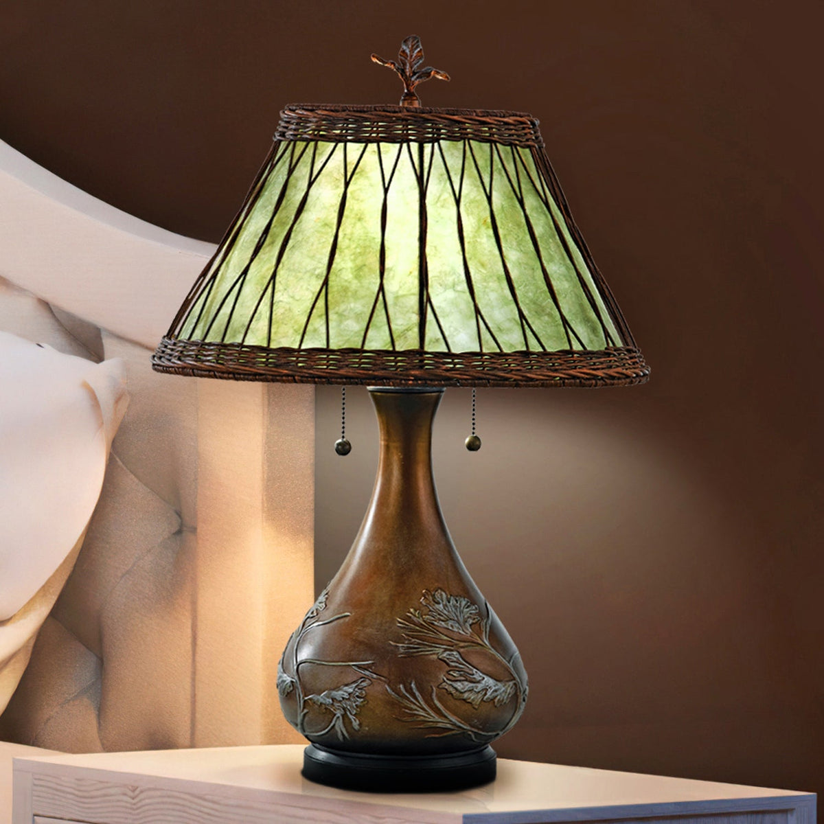 UQL7027 Devon Tiffany Table Lamp with Mediterranean Style 25 H x 17.5 W Leathered Sienna and Stained Glass