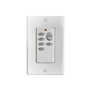 The Urban Ambiance UMCWCRS2 Wall Control for UMC-Series2 AC Fans features six labeled buttons (HI, MED, LOW, FAN OFF, LIGHT, REV), a red indicator light, remote signal support, and dimmable LED control for custom fan settings.