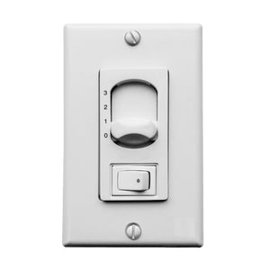 The Urban Ambiance UMCWC3W2 Wall Control for UMC-Series2 fans features a white plate with rotary fan speed control (0–3) and a rectangular on/off rocker switch, designed for seamless 3-wire installation.