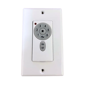 The Urban Ambiance UMCWCRS1 Wall Control for UMC-Series1 DC Fans features a white, wall-mounted circular keypad with numbers 1–6 for 6 fan speeds, Aux and CCT buttons for dimmable LED control, and a central button with indicator light.