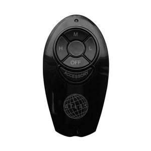 The Urban Ambiance UMCRCRS1 Hand Held Remote Control for UMC-Series Fans is black and oval-shaped, with five buttons (M, L, H, OFF, ACCESSORY) and the ATLAS globe logo. It offers convenient 4-speed control. Shown on a white background.