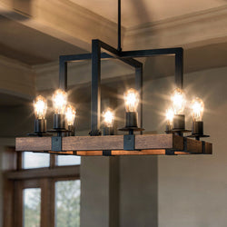 The UFS2012 Modern Farmhouse Chandelier by Urban Ambiance, 15''H x 22''W in matte black and rich walnut, from the Broadway Collection, hangs in a room with large windows.
