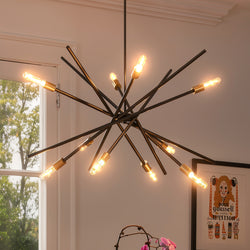 The UHP2070 Modern Industrial Chandelier from Urban Ambiance’s Miami Collection features an Olde Bronze finish and exposed bulbs, making a stylish statement in any well-lit room with windows and artwork. Measures 19-5/8"H x 42-3/8"W.