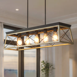 The UHP2127 Luxe Industrial Linear Chandelier by Urban Ambiance, 9"H x 38"W in a charcoal finish from the Berkeley Collection, features a rectangular metal frame with exposed bulbs for warm modern style.