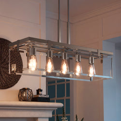 The Urban Ambiance UHP2441 Modern Farmhouse Chandelier from the Bristol Collection, 15-3/4"H x 36-3/4"W in brushed nickel, offers striking modern architectural lighting for any contemporary living room.
