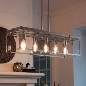 The Urban Ambiance UHP2441 Modern Farmhouse Chandelier from the Bristol Collection, 15-3/4"H x 36-3/4"W in brushed nickel, offers striking modern architectural lighting for any contemporary living room.