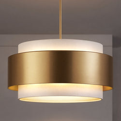 The Urban Ambiance UHP4857 Modern Indoor Pendant from the Rochester Collection features a white inner shade and brushed bronze finish band, measuring 9"H x 16"W, for a stylish ceiling statement.