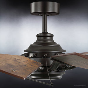 Close-up of the Urban Ambiance UHP9020 Saybrook Collection ceiling fan, featuring three rustic walnut blades and an architectural bronze motor housing, 17.3