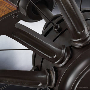 Close-up of the UHP9020 Traditional Indoor Ceiling Fan from Urban Ambiance's Saybrook Collection, featuring an architectural bronze finish and rustic walnut accents, measuring 17.3